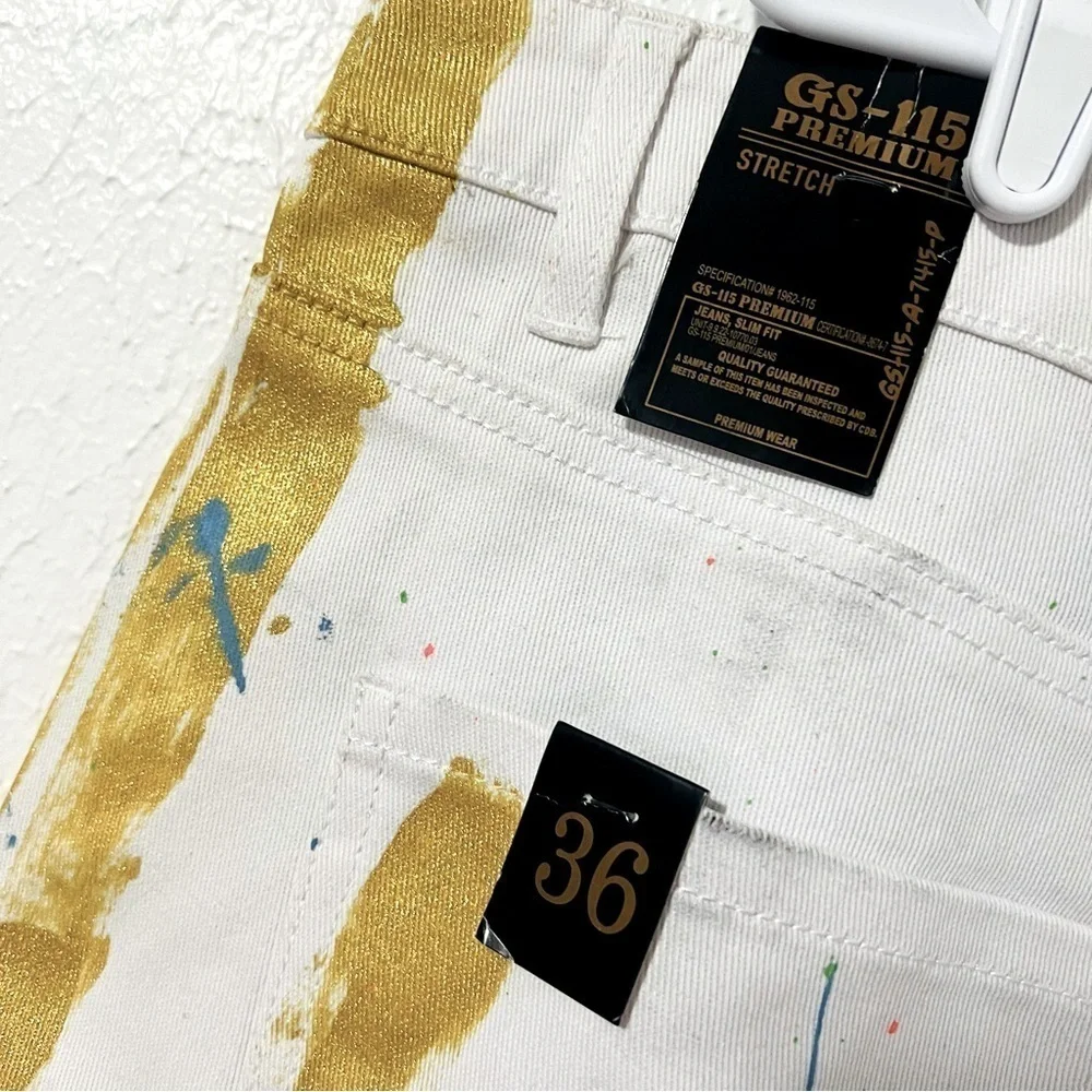 GS115 Mens Paint Splatter White Denim Shorts NWT Size 36 Stretch Streetwear